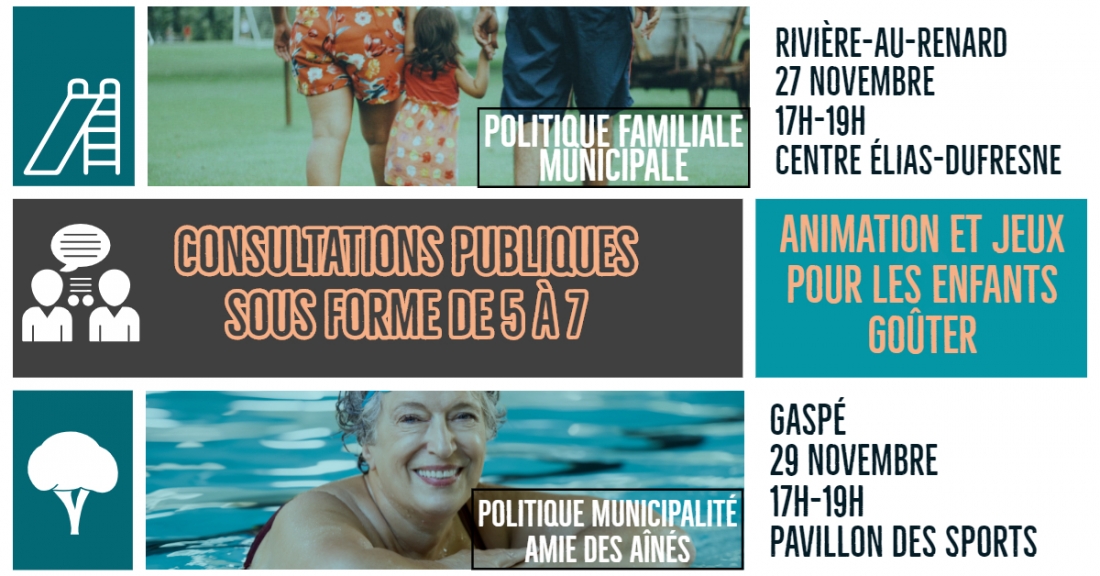 LA VILLE DE GASPÉ INVITE LES CITOYENS ET CITOYENNES À SE PRONONCER DANS LE CADRE DU RENOUVELLEMENT DE LA POLITIQUE FAMILIALE MUNICIPALE ET DE  LA POLITIQUE MUNICIPALITÉ AMIE DES AÎNÉS